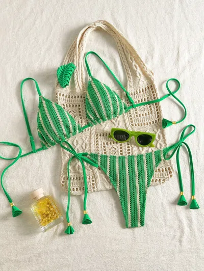 Truedames Bikini Set Special Multi Color Double Strap Swimsuit Women's Bathing Suit In Green