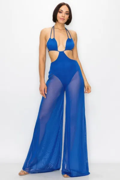 Truedames Bikini Top And Mesh Wide Pant Jumpsuit In Blue