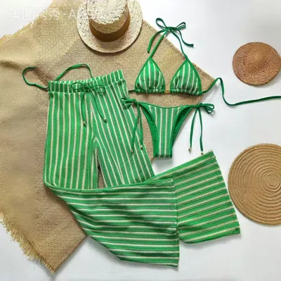 Truedames Bikini Women's Split Trousers Swimsuit Three-piece Set Popular Sexy Striped Printed Swimsuit In Green