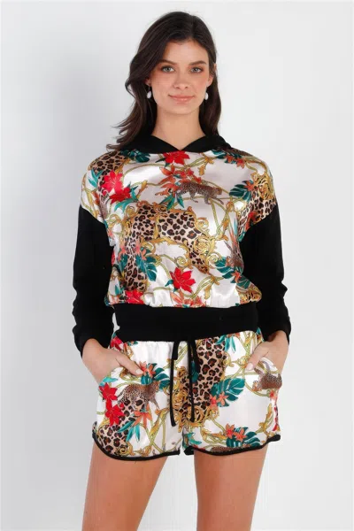 Truedames Black & Ivory Satin Effect Animal Print Hooded Top & Short Set In Multi