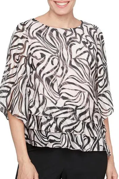 Truedames Black And Pink Print Boat Neckline Elbow-length Flutter Sleeves Tiered Design Bodice Tunic Blouse To In Neutral