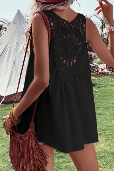 Truedames Black Bohemian Crochet Patchwork Sleeveless Tunic