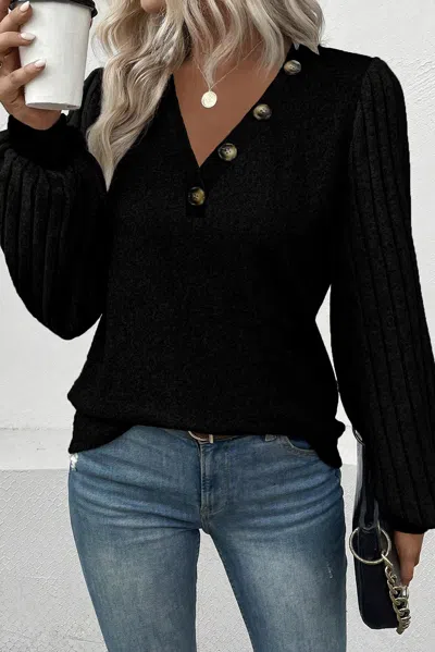 Truedames Black Buttoned V Neck Ribbed Puff Sleeve Top