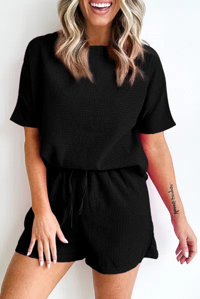 Truedames Black Casual Textured Tee And Drawstring Shorts Set