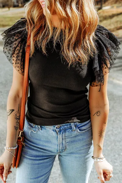 Truedames Black Dotty Mesh Ruffle Sleeve Ribbed Knit Top