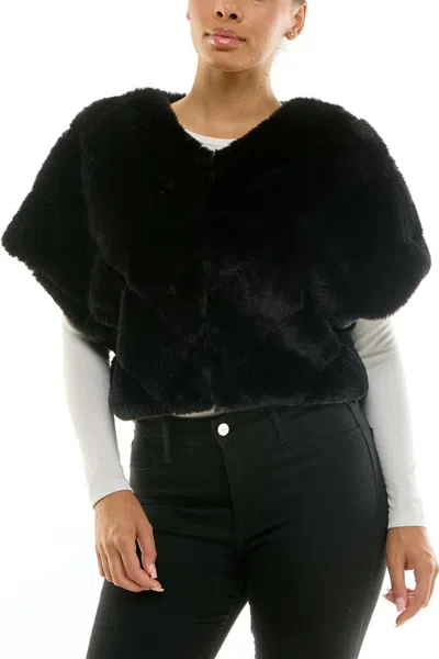 Truedames Black Faux Fur Front Hook Closure Soft Quilted Texture Wrap Cape Coat Jacket