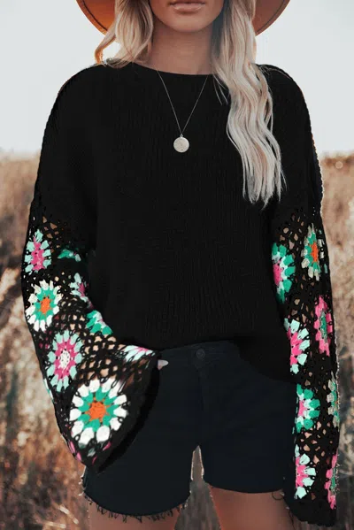 Truedames Black Floral Crochet Bell Sleeve Loose Sweater