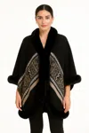 Truedames Black Geometric Border Faux Fur Trim Cape In Black