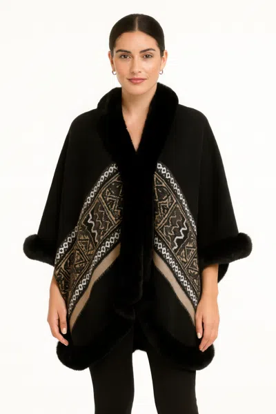 Truedames Black Geometric Border Faux Fur Trim Cape