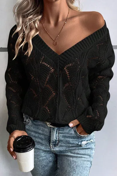 Truedames Black Hollow Out Knit V Neck Drop Shoulder Sweater