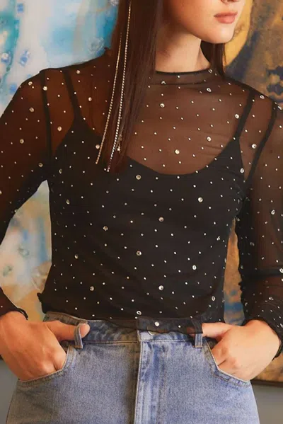 Truedames Black Rhinestone Sheer Mesh Slim Fit Long Sleeve Top