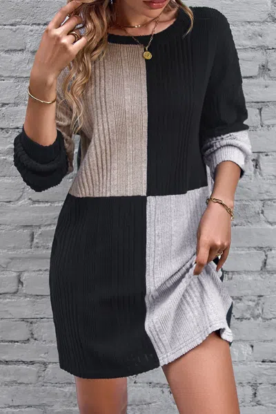 Truedames Black Ribbed Color Block Drop Shoulder Long Sleeve Mini Dress