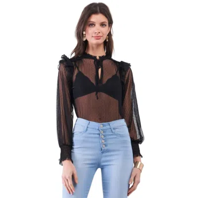 Truedames Black Sheer Mesh Polka Dot Frill Trim Long Sleeve Bodysuit