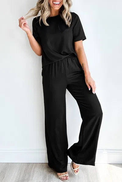 Truedames Black Solid Color T Shirt 2pcs Wide Leg Pants Set