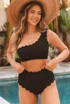Truedames Black Solid Scalloped One-shoulder Bikini In Black