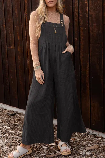 Truedames Black Striped Pleated Wide Leg Pocketed Jumpsuit In Gray