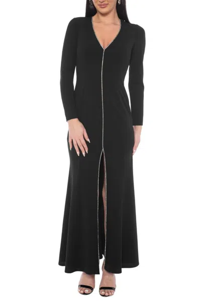 Truedames Black V-neckline Long Sleeves Sheath Silhouette Skirt Front Slit Maxi Dress