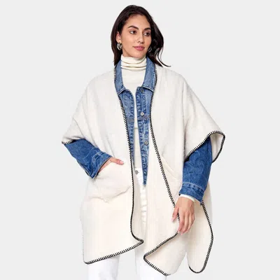 Truedames Blanket Stitch Front Pockets Kimono Poncho In White