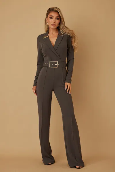 Truedames Blazer Suit Long Sleeve Jumpsuit In Brown