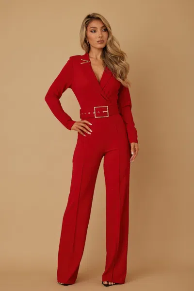 Truedames Blazer Suit Long Sleeve Jumpsuit In Red