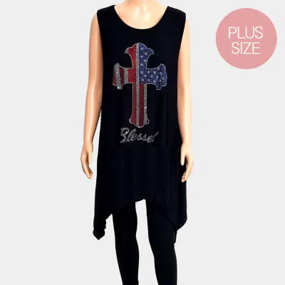Truedames Blessed Cross Crystal Embellished Plus Size Sleeveless Top In Black