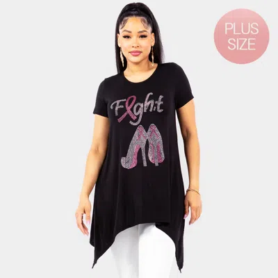Truedames Bling Fight Message Pink Ribbon Stiletto Heel Pointed Graphic Printed Half Sleeves Top In Black