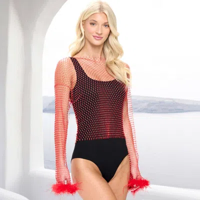Truedames Bling Mesh Cover Up Long Sleeves Top With Feather Sleeves Cuff In Red