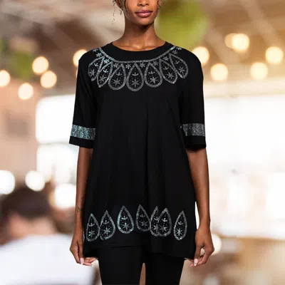 Truedames Bling Studded Boho Pattern Pointed Half Sleeve Top In Black