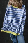 Truedames Blue Stripe Oversized Contrast Trim Pullover Sweatshirt In Blue
