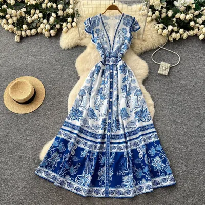 Truedames Blue Willow V-neck Sleeveless Dress Summer A-line Maxi, Elegant Mandarin-inspired Print