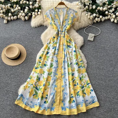 Truedames Blue Willow V-neck Sleeveless Dress Summer A-line Maxi, Elegant Mandarin-inspired Print In Yellow