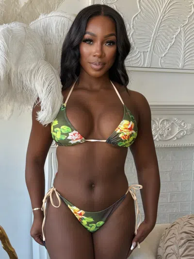 Truedames Blush Bloom Bikini Green Rose Print Adjustable Triangle Swim Set