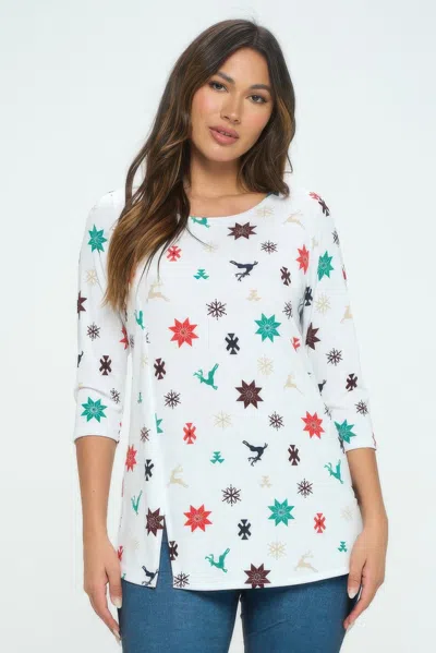 Truedames Bns Round Neck 3/4 Sleeve Slit Top In White