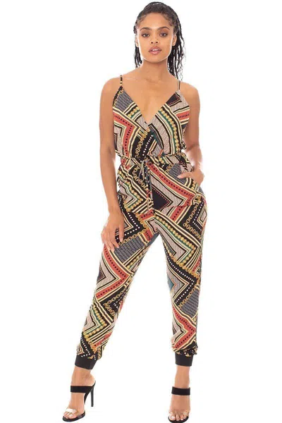 Truedames Boarder Print Wrap Drawstring Waist Jumpsuit In Multi