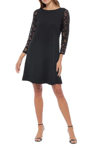 Truedames Boat Neck Long Lace Sleeves V-back Short Crepe Dress In Black