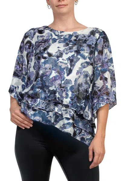Truedames Boat Neck 3/4 Sleeve Multi Print Asymmetrical Triple Tier Hem Chiffon Top In White