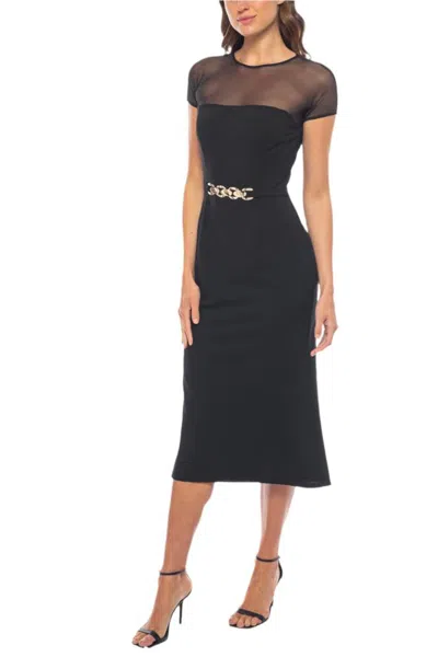Truedames Boat Neck Cap Sleeves Scuba Crepe Illusion Midi Bodice Dress In Black