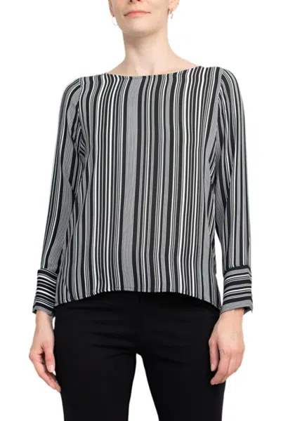 Truedames Boat Neck Cuffed Long Sleeve Stripe Print Crepe Top In Black