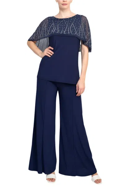 Truedames Boat Neck Embellished Capelet Sleeve Solid Top And Elastic Mid Waist Wide Leg Two Piece Pant Set In Blue