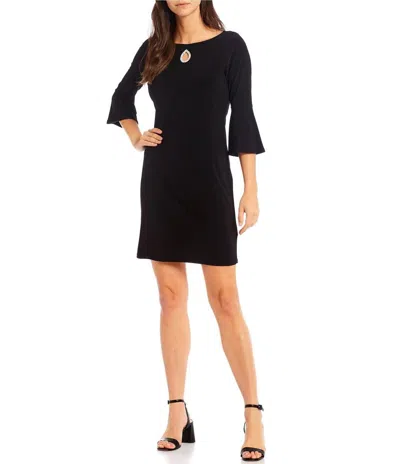 Truedames Boat Neck Embellished Keyhole Front 3/4 Bell Sleeve Solid Ity Short Dress In Black