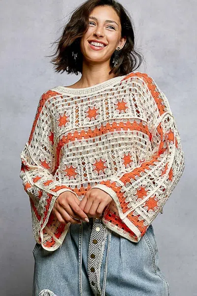 Truedames Boat Neck Long Sleeve Crochet Top With Granny Square Weaving In Multi
