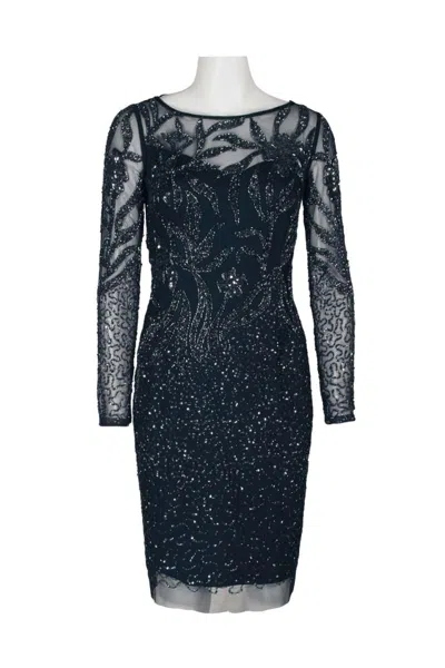 Truedames Boat Neck Long Sleeve Illusion Sequined Beaded Zipper Back Sheath Mesh Dress In Blue