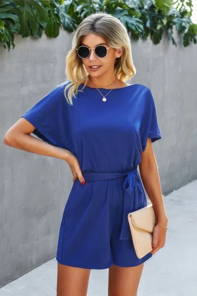 Truedames Boat Neck Short Sleeve Waist Tie Loose Romper In Blue