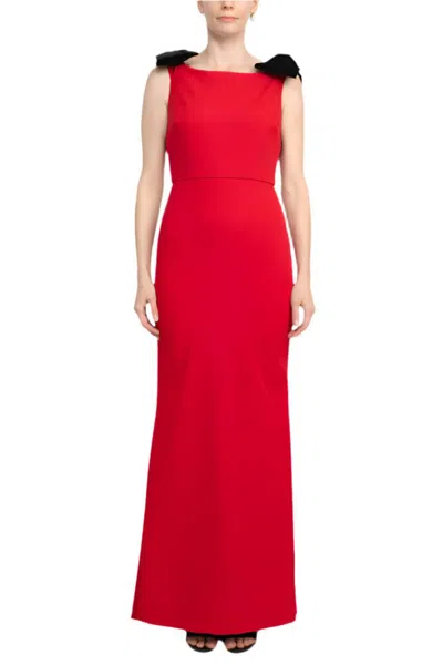 Truedames Boat Neck Sleeveless Bow Shoulder Detail Zipper Back Solid Mermaid Scuba Gown In Red