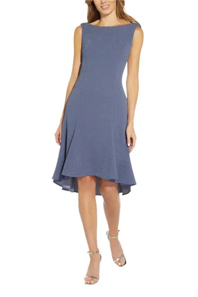 Truedames Boat Neck Sleeveless Cowl Back Solid Fit & Flare Metallic Knit Dress In Blue