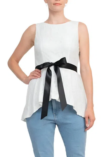 Truedames Boat Neck Sleeveless Tie Waist High Low Hem Lace Top In White