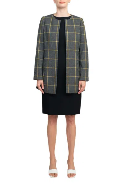 Truedames Boat Neck Sleeveless Zipper Back Crepe Dress With Crew Neck Long Sleeve Large Windowpane Pattern Jac In Multi