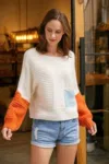 Truedames Boat Neckline Color Block Sweater In White
