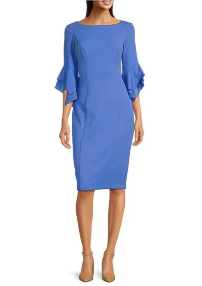 Truedames Boat Neckline Tiered Bell Sleeves Back Zipper Closure Sheath Silhouette Dress (plus Size) In Blue