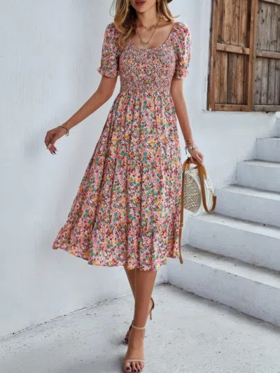Truedames Bohemia Floral Puff Sleeve Flounce Sleeve Dress In White